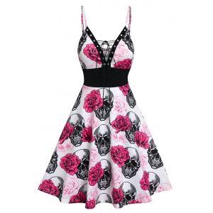 

Spaghetti Strap Flowers Skulls Print Lace-up Dress, Light pink