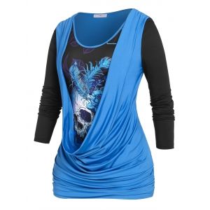 

Plus Size Halloween Cowl Front Skull Print T-shirt, Blue