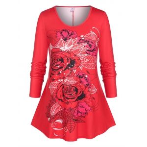 

Plus Size Floral Print Basic T-shirt, Red