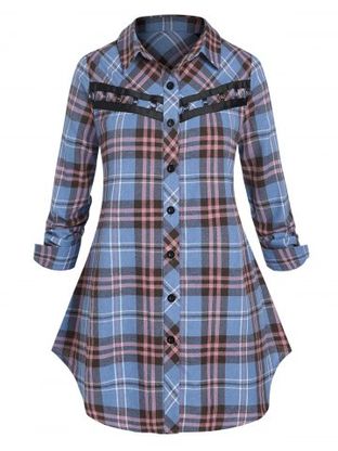 Plus Size O Ring Plaid Button Up Blouse