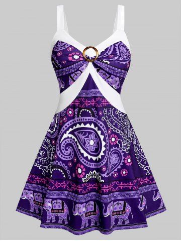 Sleeveless Bohemian Paisley Elephant Print Dress - CONCORD - L