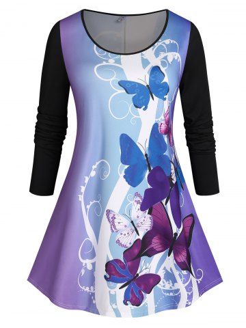 Plus Size Butterfly Ombre Skirted Tunic T-shirt - PURPLE - L