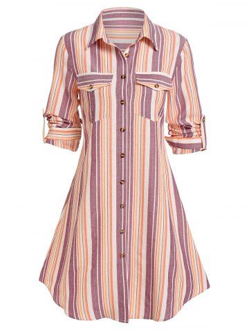 Vestido Camisa Casual Bolsillo Doble Estampado Rayado - RED - L