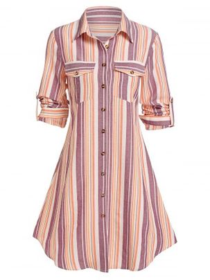 Double Pockets Striped Print Shirt Dress