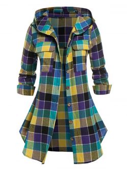 Plus Size Hooded Plaid Front Pockets Shacket - MULTI - 1X