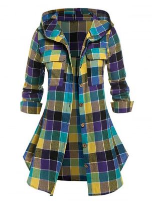 Plus Size Hooded Plaid Front Pockets Shacket