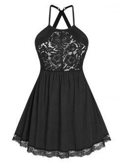 Plus Size Crisscross Lace Panel Babydoll Dress - BLACK - L