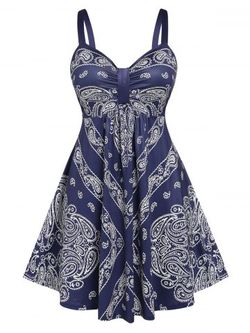 Plus Size & Curve Paisley Pattern A Line Dress - BLUE - L