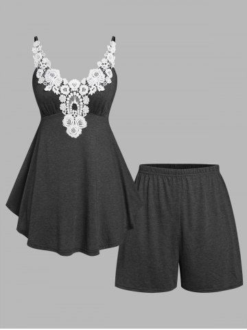Plus Size & Curve Lace Applique Tank Top and Shorts Pajamas Set - GRAY - 4X