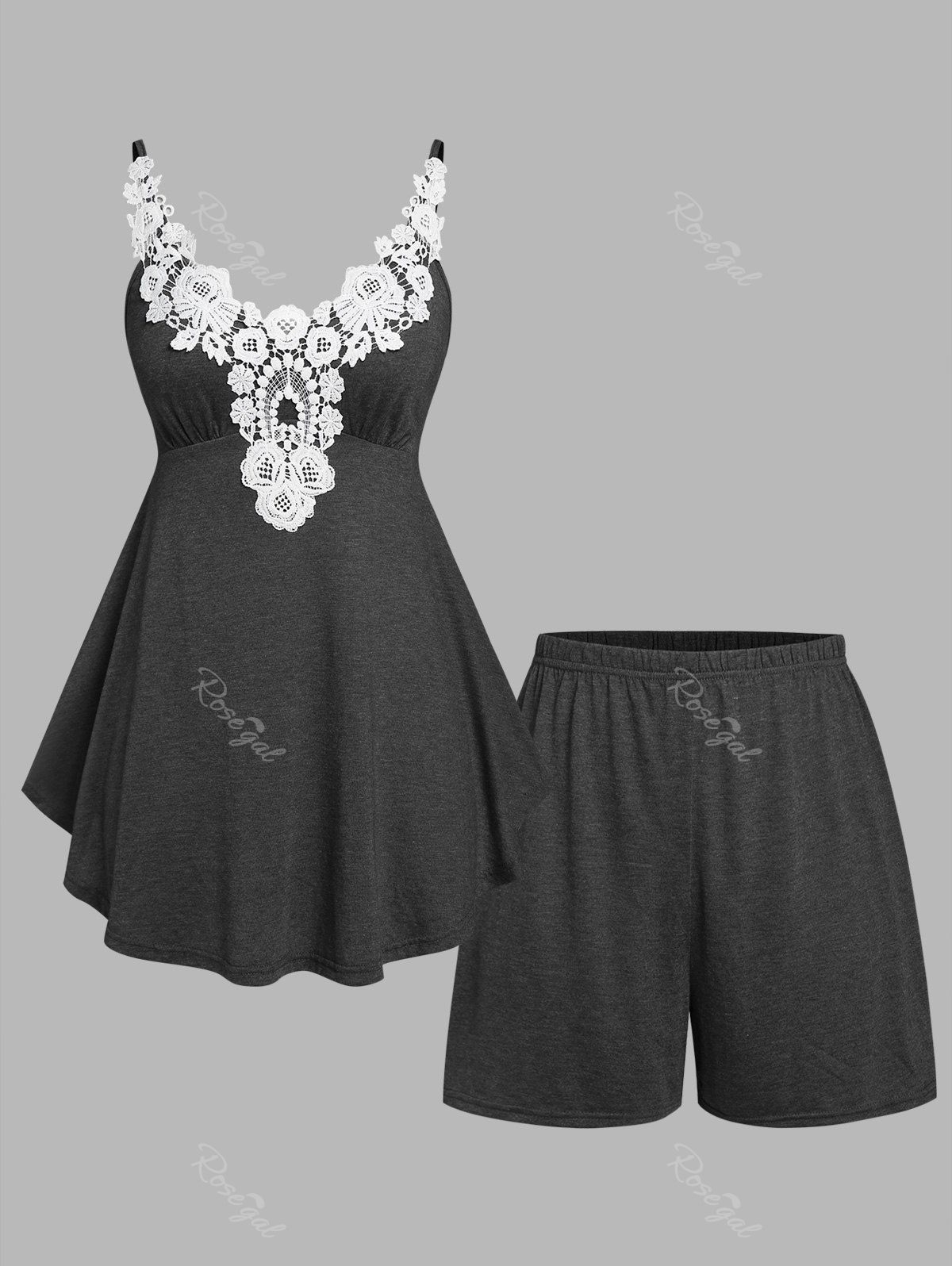 Fancy Plus Size & Curve Lace Applique Tank Top and Shorts Pajamas Set  