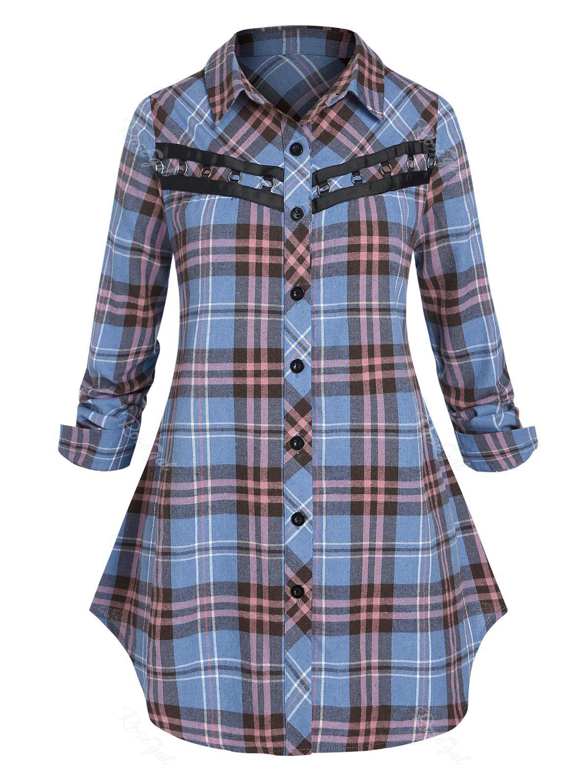 Online Plus Size O Ring Plaid Button Up Shirt  