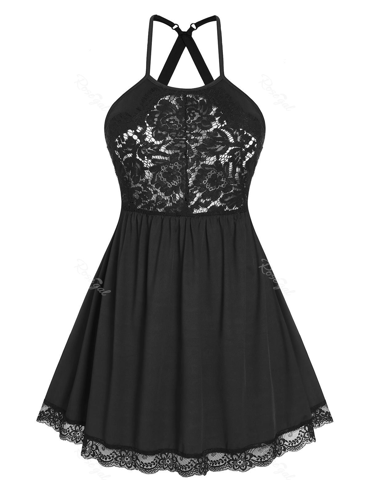 Cheap Plus Size Crisscross Lace Panel Babydoll Dress  
