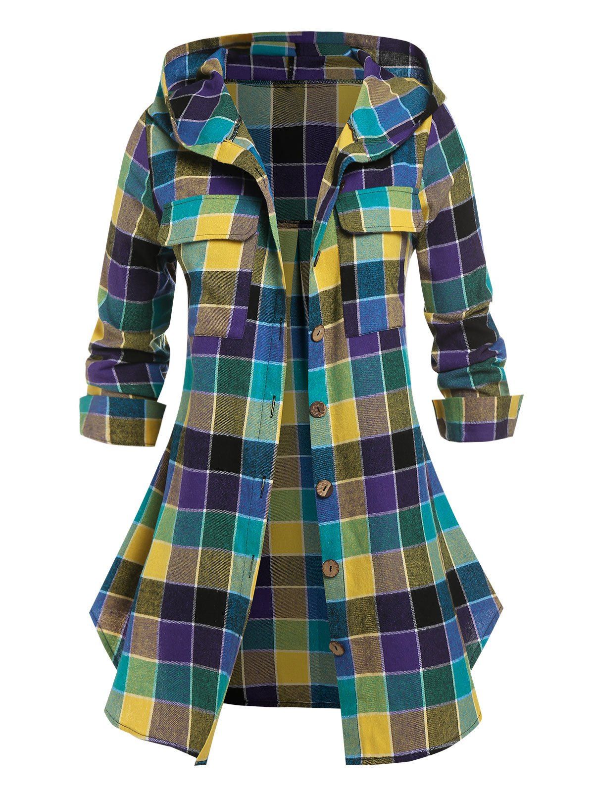Sale Plus Size Hooded Plaid Front Pockets Shacket  