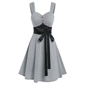 

Lace Insert Mock Button Belted Dress, Light gray