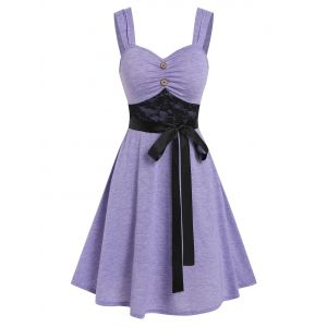 

Lace Insert Mock Button Belted Dress, Light purple