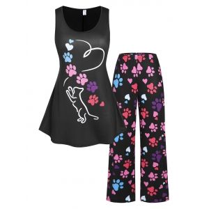 

Plus Size Dog Footprints Matching PJ Top and Pants Set, Black