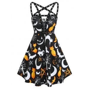 

Halloween Ghost Cat Moon Print Lace-up Sleeveless Dress, Black