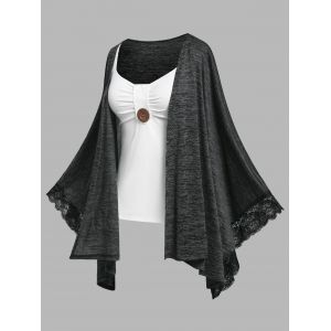 

Plus Size Lace Trim Batwing Sleeve Handkerchief Cardigan and Tank Top, Dark gray