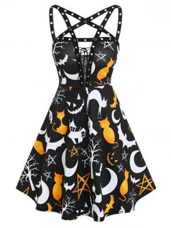 Halloween Ghost Cat Moon Print Lace-up Sleeveless Dress - BLACK - XXXL