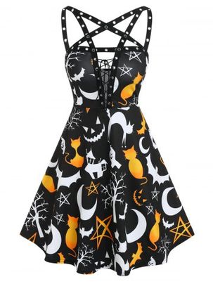 Halloween Ghost Cat Moon Print Lace-up Sleeveless Dress