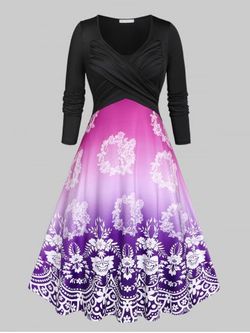 Plus Size Ombre Color Floral Print Crossover Midi Dress - BLACK - L