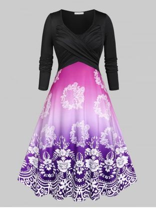 Plus Size Ombre Color Floral Print Crossover Midi Dress
