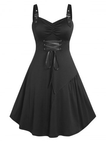Plus Size Lace Up Ruched Backless A Line Gothic Dress - BLACK - 1X