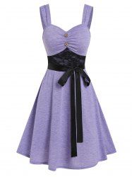 Lace Insert Mock Button Belted Dress -  