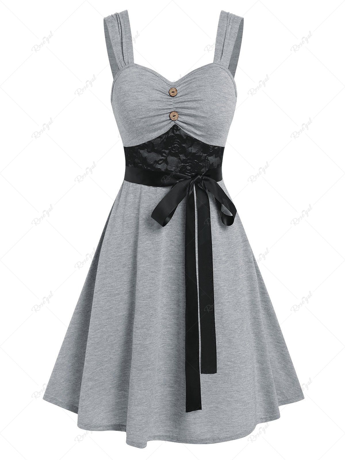 Trendy Lace Insert Mock Button Belted Dress  