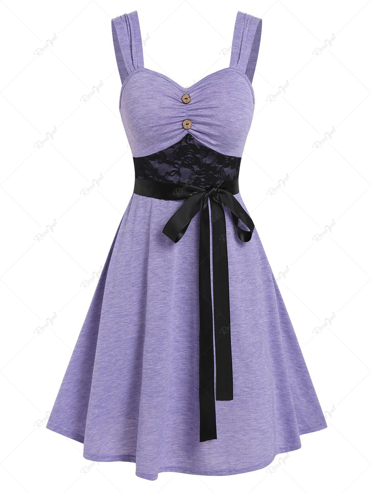 Store Lace Insert Mock Button Belted Dress  