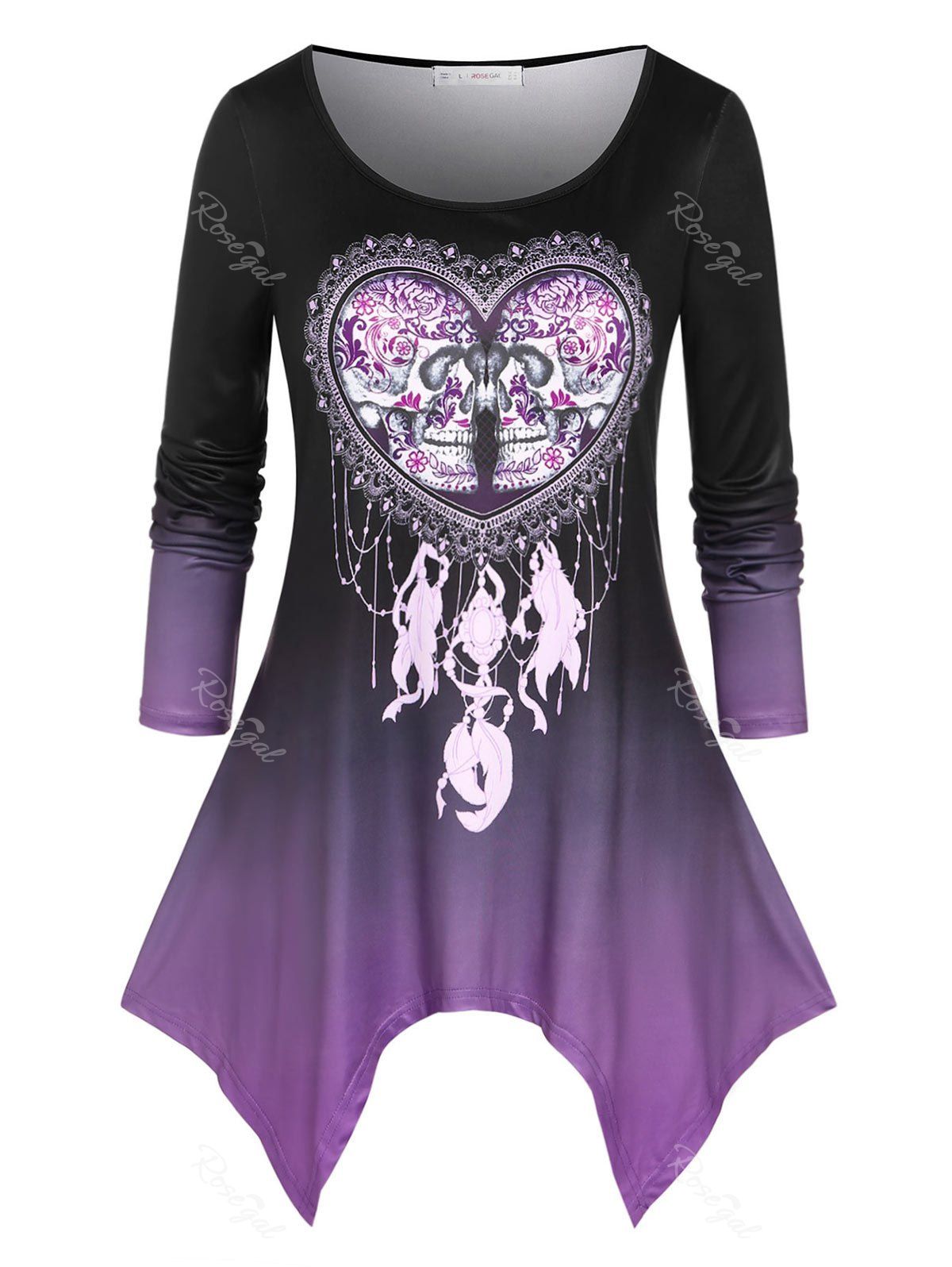 Outfits Plus Size Ombre Skull Heart Hanky Hem Tunic Tee  