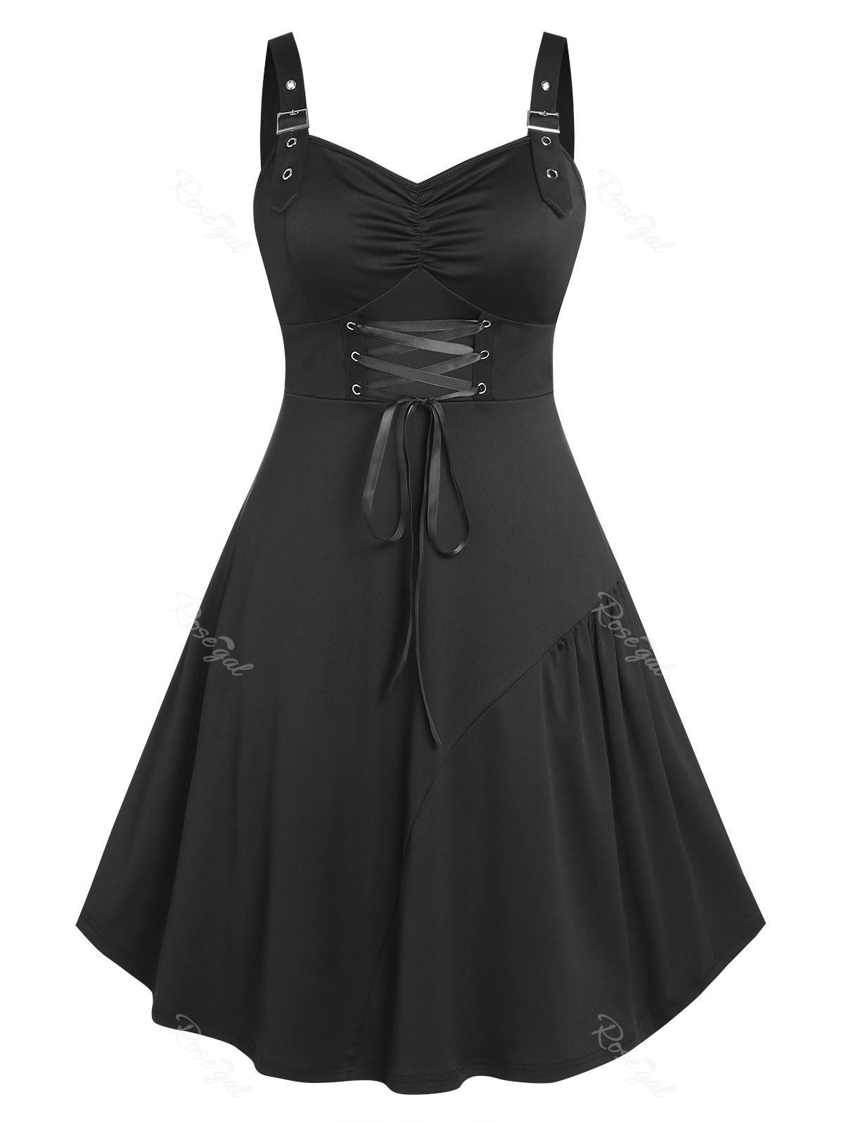 Latest Plus Size Lace Up Ruched Backless A Line Gothic Dress  