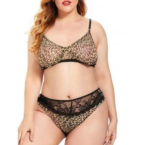 

Plus Size Leopard Mesh Lace Panel Lingerie Bralette Set, Light yellow