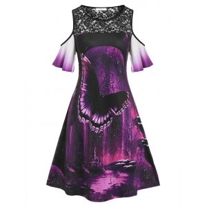 

Plus Size Butterfly Print Lace Panel Cold Shoulder Dress, Purple