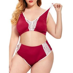 

Plus Size Lace Panel Binding Lingerie Bralette Set, Red