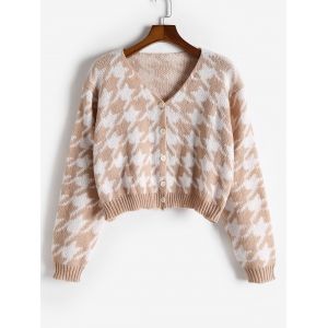 

Plus Size V Neck Houndstooth Button Up Cardigan, Light coffee