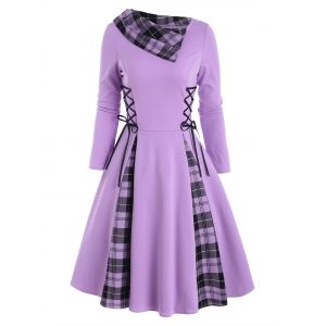 

Lace Up Plaid Turn Down Collar Dress, Light purple