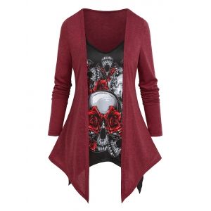 

Skull Flowers Print Heathered Faux Twinset T-shirt, Deep red