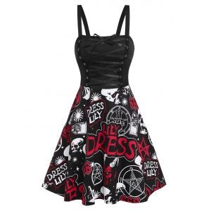 

Lace Up Skull Graffiti Printed Dress, Black