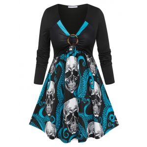 

Plus Size Faux Twinset Skull Octopus Print Halloween T-shirt, Black