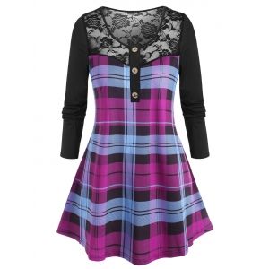 

Plus Size Lace Yoke Sheer Plaid Tunic Tee, Purple