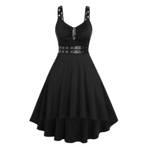 

Plus Size Punk Eyelets Ruched High Low Dress, Black