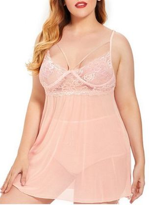 Plus Size Mesh Lace See Thru Lingerie Babydoll and Briefs Set