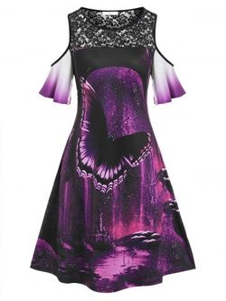 Plus Size Butterfly Print Lace Panel Cold Shoulder Dress - PURPLE - L