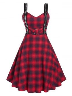 Plus Size Vintage Plaid Studded Fit and Flare Midi 1950s Dress - DEEP RED - L