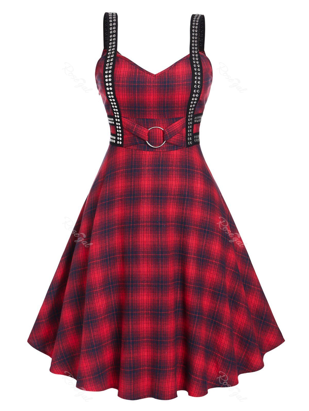 Outfit Plus Size Vintage Plaid Studded Fit and Flare Dress  