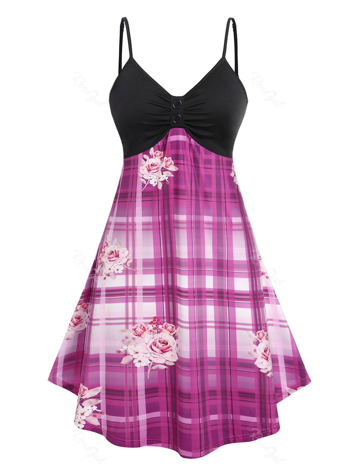 Affordable Plus Size & Curve Floral Print Plaid Empire Waist Dress  