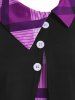 Mock Button Plaid Insert Overlap T Shirt -  