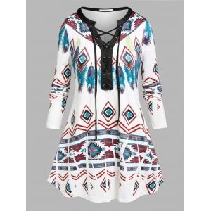 

Plus Size Geometric Feather Lace Up Long Sleeve Tee, White