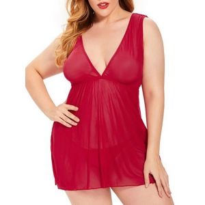 

Plus Size Mesh Ruffle See Thru Lingerie Babydoll Set, Red